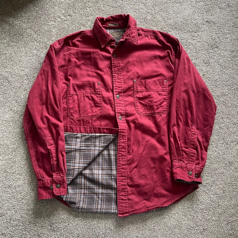 Mens St. Johns Bay Flannel Lined Shirt Medium Red Good Canvas Button Down
